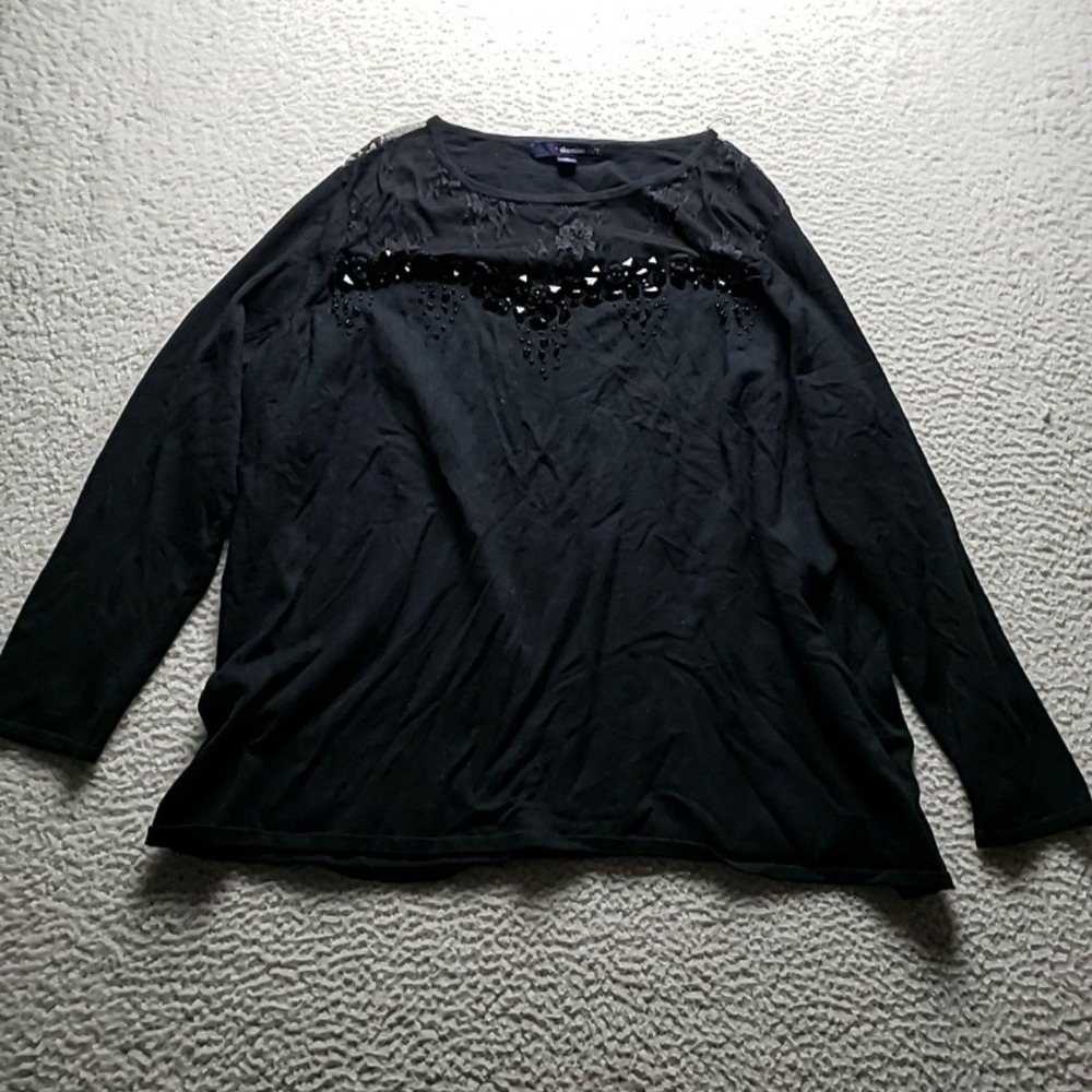 Denim 24/7 Blouse Womens Plus 3X Black Crew Neck Long Sleeve Beaded Tunic